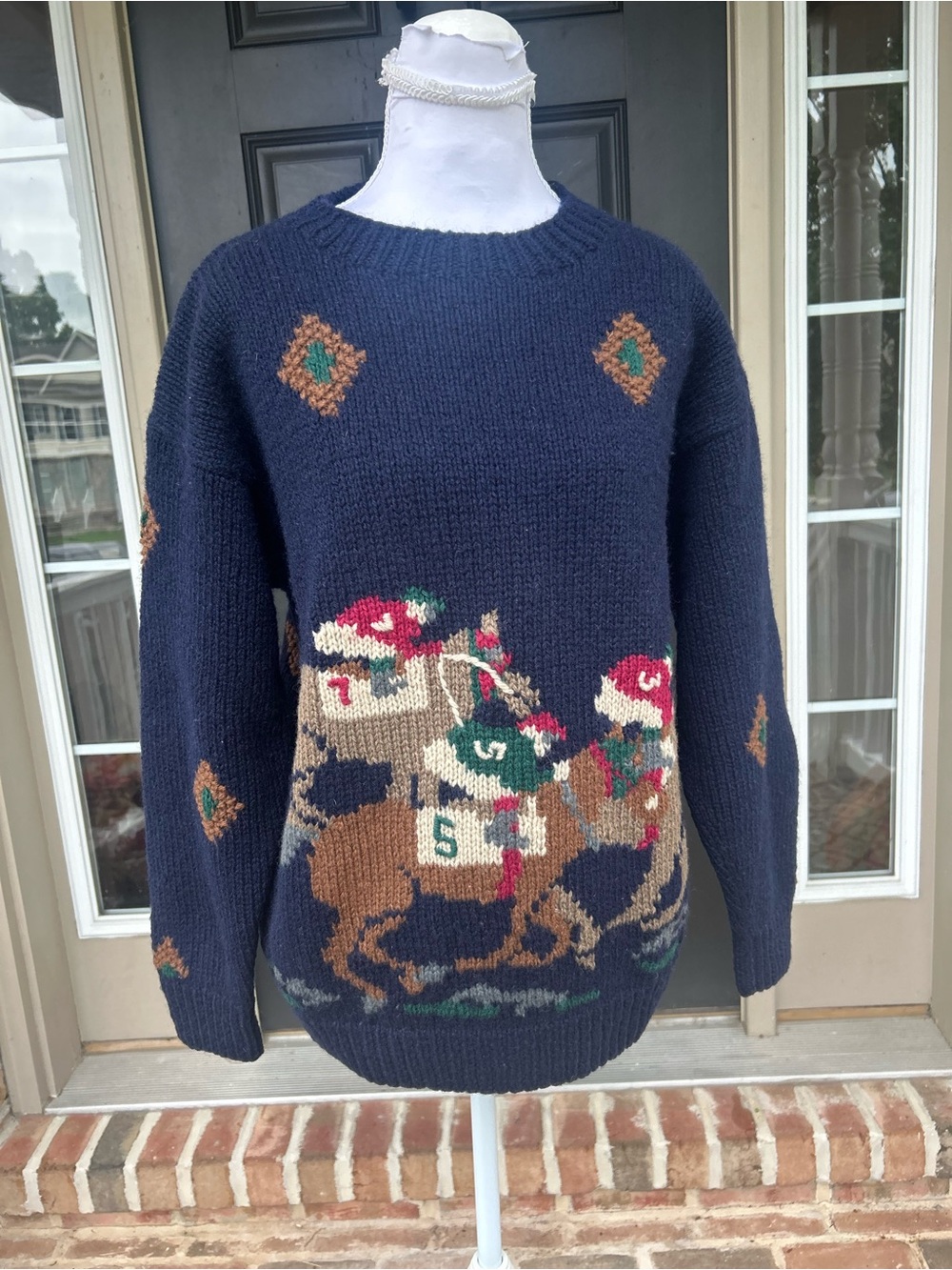 Vintage 80s 90s handknit wool horse racing equestrian crewneck sweater Small